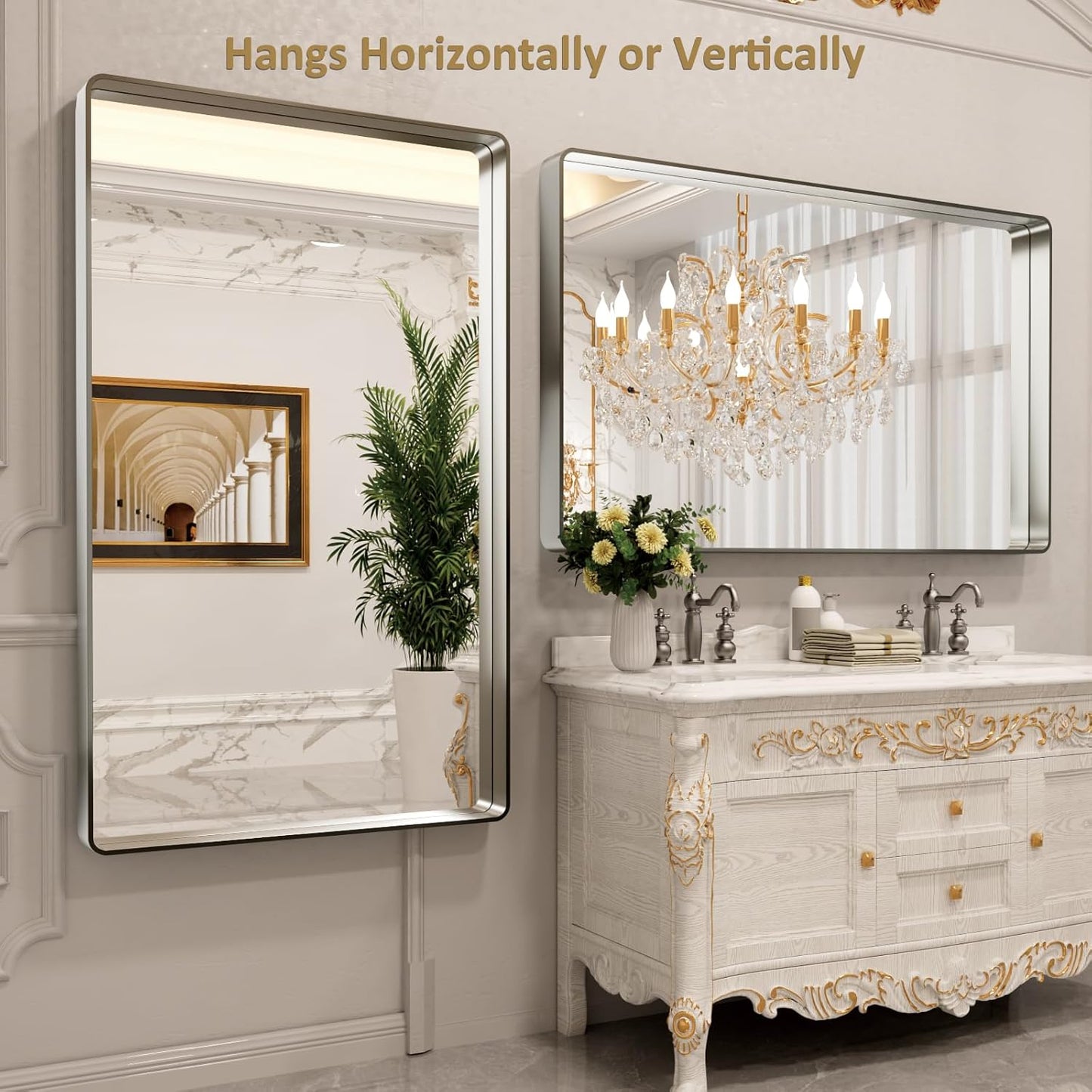 LOAAO 60X28 Inch Brushed Nickel Bathroom Mirror, Rounded Rectangle Silver Metal Frame Mirror, Brushed Nickel, Anti-Rust, Shatter Proof, Hangs Horizontally or Vertically