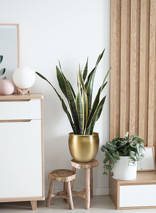 Serene Spaces Living Gold Brass Look Vintage Aluminum Vase - Perfect Decorative Accent for Plants, Weddings, and Events, Metallic Pot for Home, Large, Measures 10.75" Diameter and 9.75" Tall