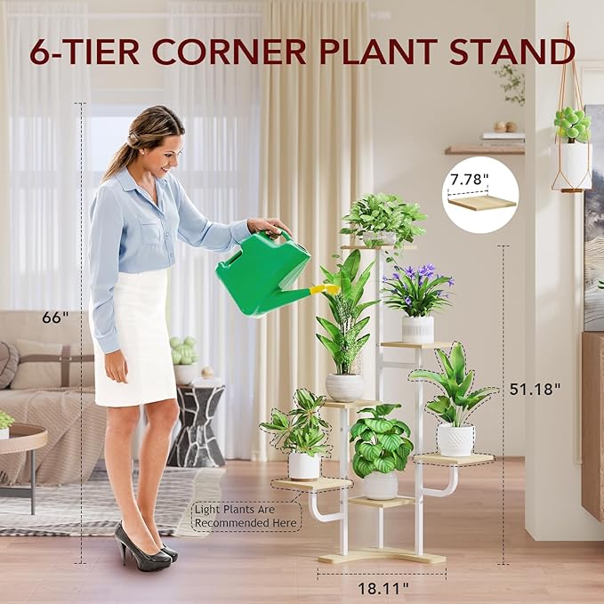 Corner Plant Stand with Grow Light - 6 Tier Plant Stand Indoor Square Metal Plant Shelf with Adjustable Light, Plant Organizer for Living Room, Graden, Home Decor (Maple)