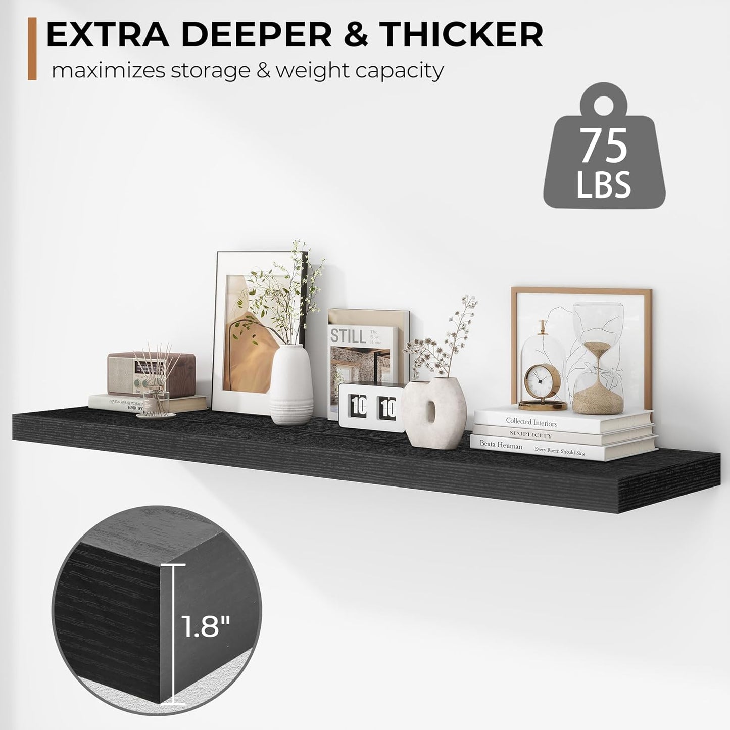 Fun Memories Floating Shelves - 12 Inch Rustic Wooden Wall Shelves - Extra Deeper & Thicker Wall Mounted Storage Shelf for Living Room, Kitchen, Farmhouse - 48" W x 12" D x 1.8" H - Rustic Black