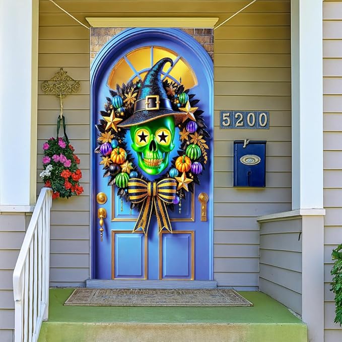 2D flat Funny Green Monster Christmas Door Banner Holiday Front Door Decorations for Indoor Outdoor Xmas Party Door Cover 71x35 Inch
