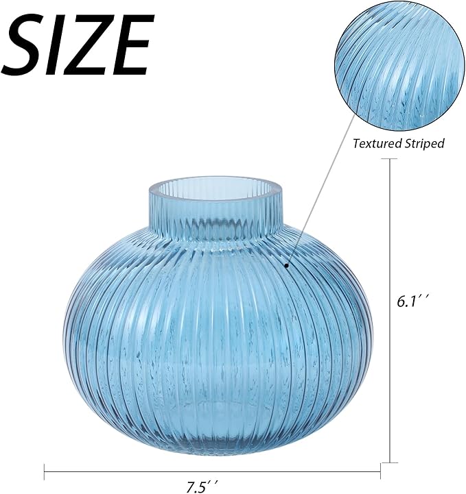 Blue Glass Vase for Tulips, Ribbed Glass Vase for Flowers, Round Flower Vases, Small Short Vases for Living Room, Office, Coffee Table, Shelf, Wedding, 6 Inches