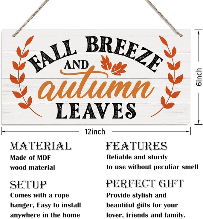 Thanksgiving Decorative Wood Hanging Plaque - Fall Breeze and Autumn Leaves Front Door Decor, Indoor Outdoor Decor
