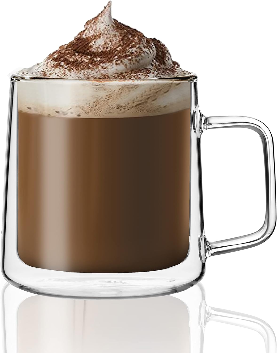 CNGLASS Double Walled Glass Coffee Mugs,15oz(1-pack) Insulated Glass Mugs with Handle,Clear Espresso Cups for Latte,Cappuccino,Tea Bag