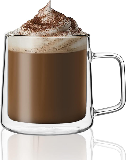 CNGLASS Double Walled Glass Coffee Mugs,15oz(1-pack) Insulated Glass Mugs with Handle,Clear Espresso Cups for Latte,Cappuccino,Tea Bag