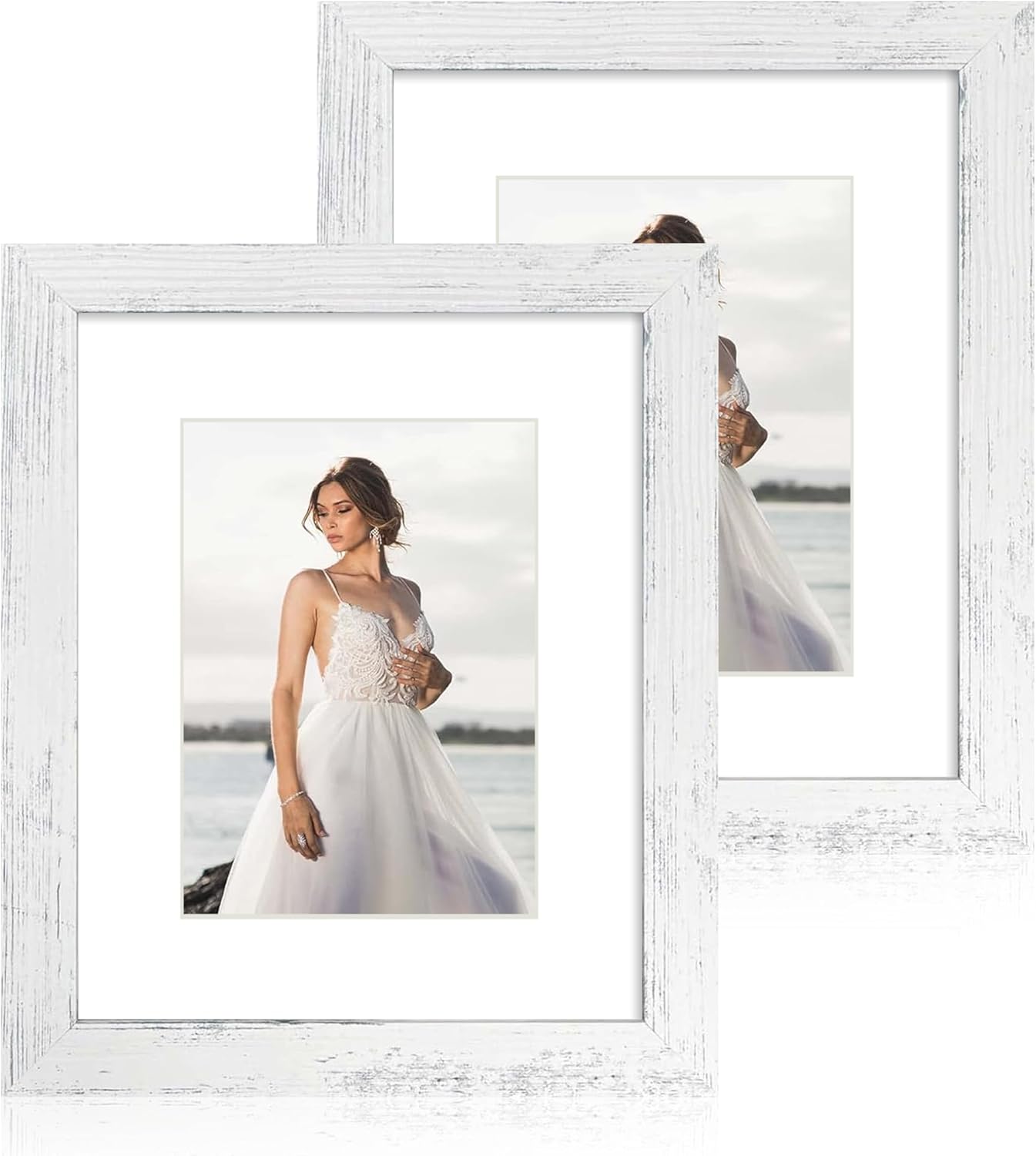 iRahmen 8x10 Picture Frame Set of 2, Distressed White Wood Photo Frame with Real Glass, Display Pictures 5x7 with Mat or 8 x 10 without Mat for Tabletop or Wall Mounting