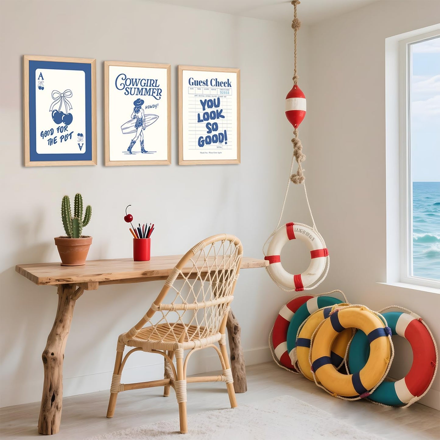 Blue Preppy Canvas Wall Art Set of 3, Coastal Cowgirl Pictures Wall Decor Paintings, Trendy Cherry Guest Check Poster Prints Aesthetic Home Decor for Teen Girls Bedroom Dorm 12x16 inch Framed