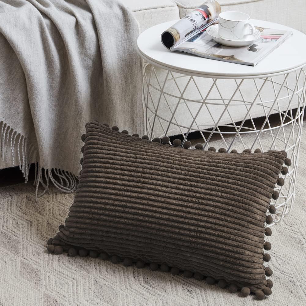 Fancy Homi 2 Pack Dark Brown Lumbar Decorative Throw Pillow Covers 12x20 Inch with Pom-poms for Couch Bedroom, Soft Corduroy Solid Rectangle Cushion Case 30x50 cm, Farmhouse Boho Home Decor
