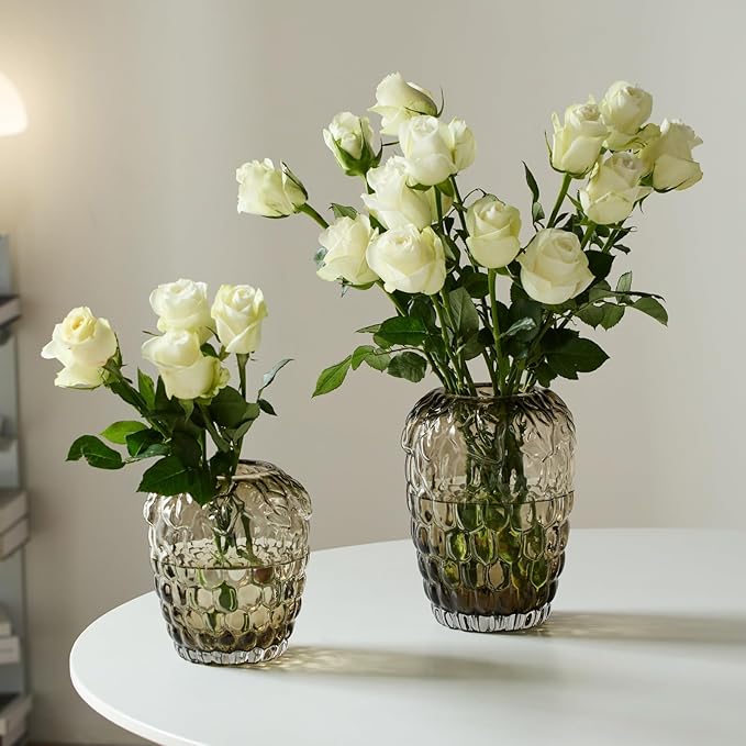 Grape Bubble Glass Vase for Flowers, Round Vintage and Clear Black Colored Smoke Glass Vases for Modern Home Decor (Crystal Grey 6" W X 6.7" H)