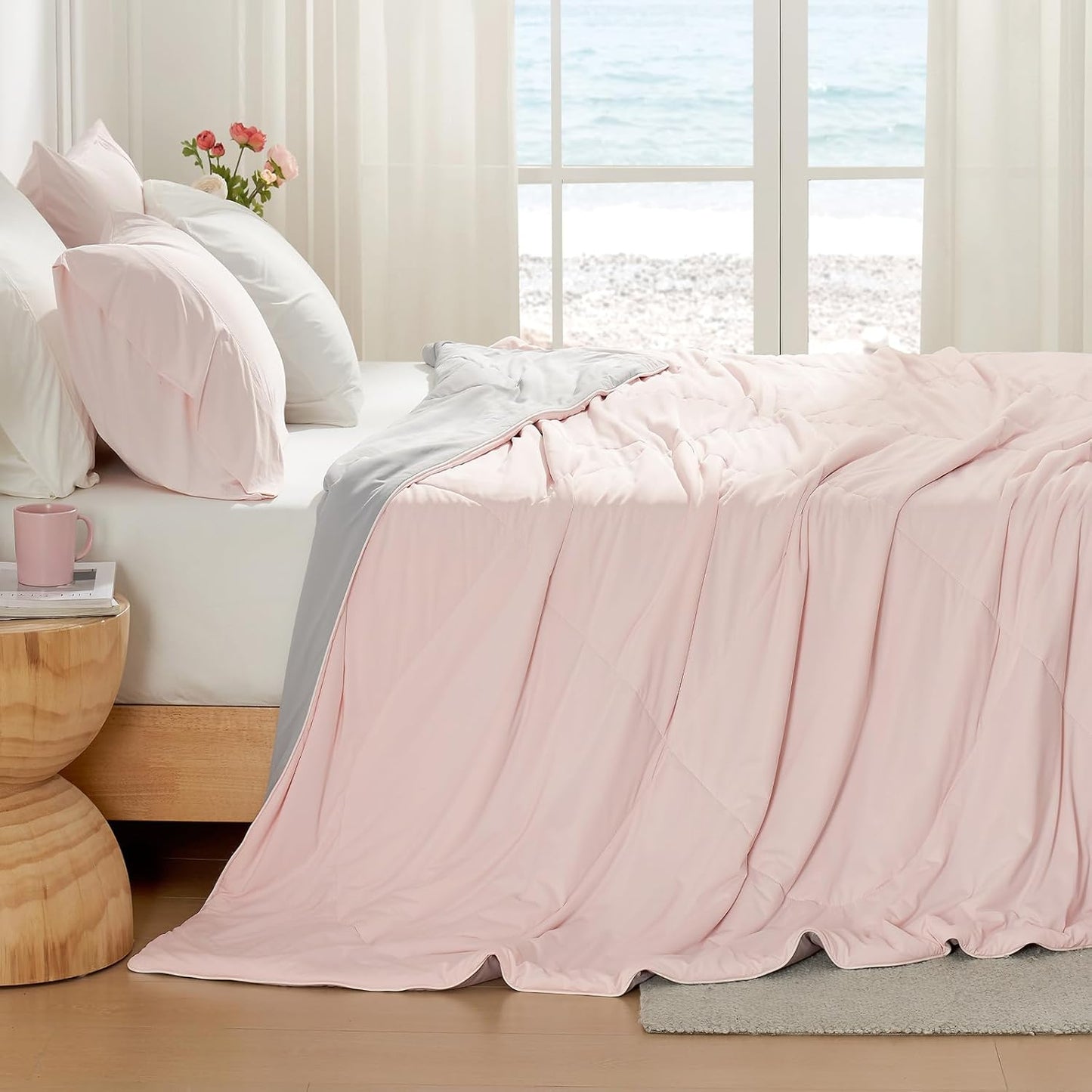 Cozy Bliss Cooling Comforter Twin Size, Cooling Blankets for Hot Sleepers and Night Sweats, Pink Gray Summer Comforter for Twin Size Bed, Breathable Soft Lightweight Silk Smooth