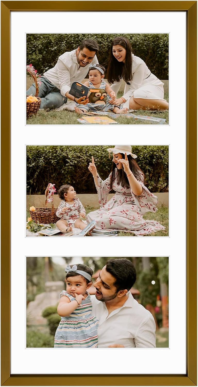 Frametory - 7x14 Aluminum Collage Picture Frame - Display 4x6 Pictures with 3 Openings Mat - Real Glass Front - Horizontal/Vertical Wall Mount - Bronze 1 Pack