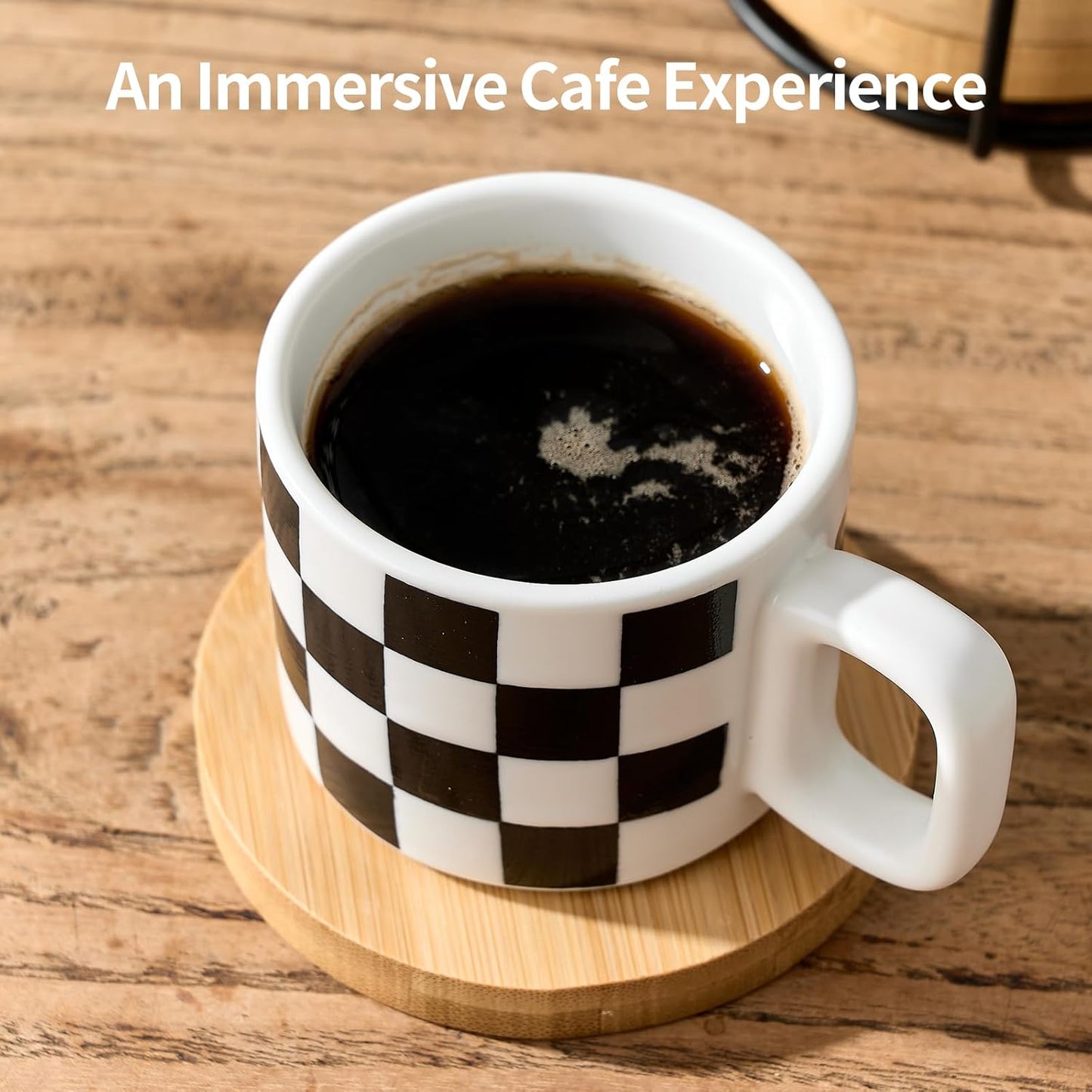 LUKA Ceramic Stackable Black and White Checkered Espresso Cups with Saucers and Metal Stand, 4 Ounce Small Demitasse Cups Set for Coffee Drinks, Latte, Tea - Set of 4