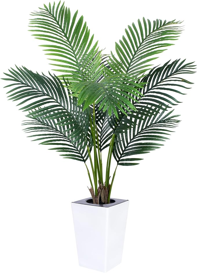 5FT Artificial Palm Tree with White Tall Planter - Fake Tree Areca Floor Plant in Pot - Artificial Silk Plants for Indoor Home Office Decor