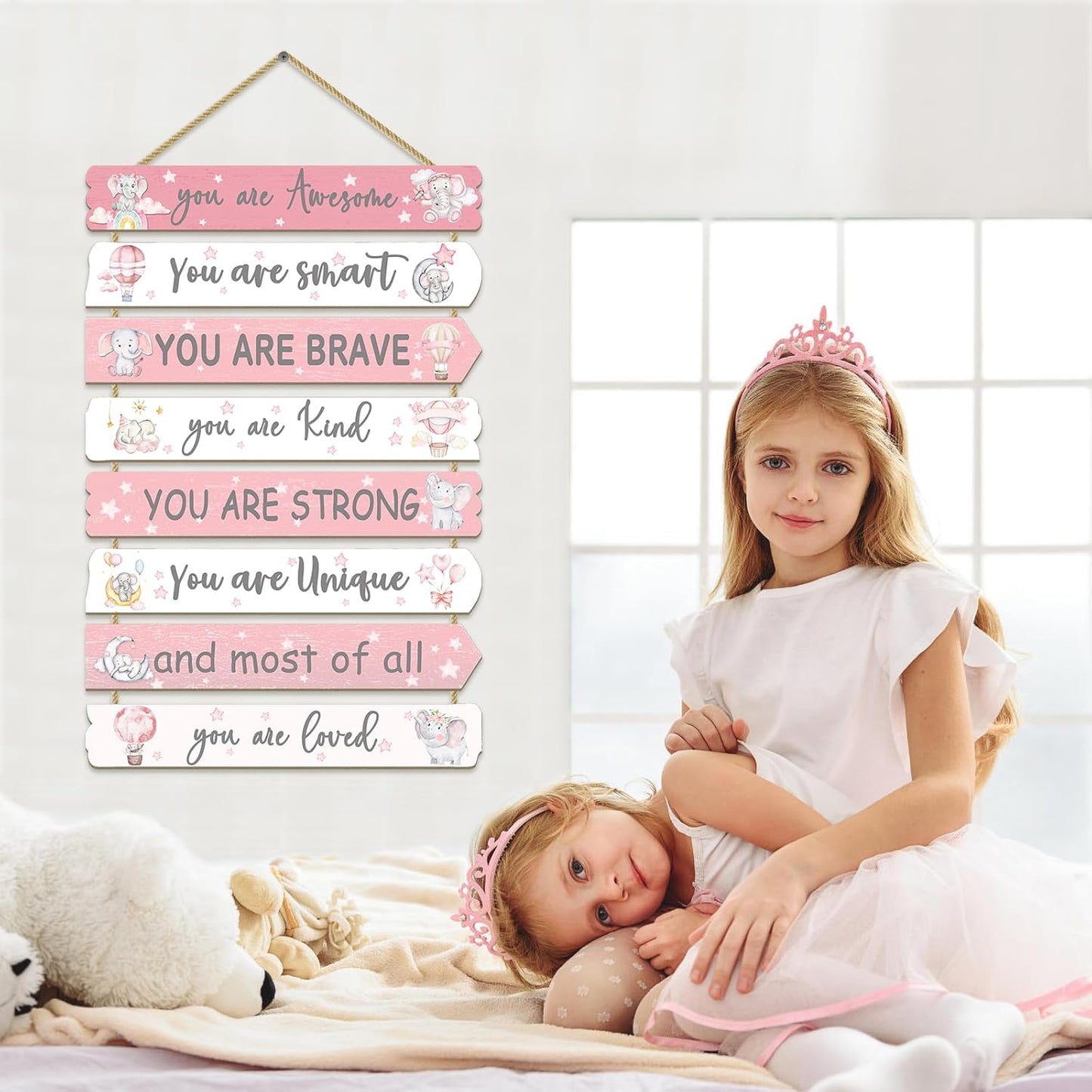 Girls Room Decor Elephant Wall Art Inspirational Wood Sign for Kids Bedroom Nursery Toddler Pink Decorations, 8 Pieces, 11.4"x2"
