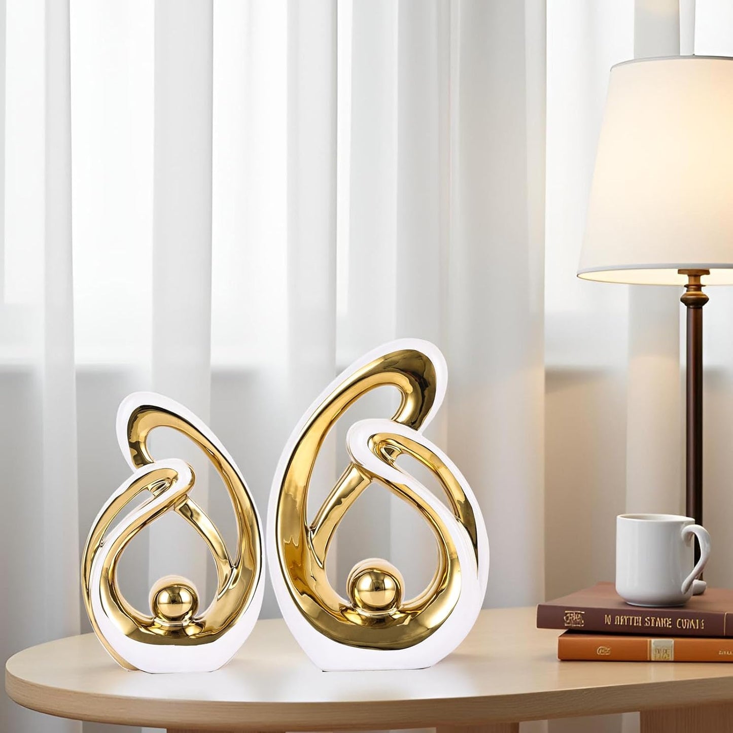 Home Decor Accent,Porcelain Art Mid Century Bookshelf Decorations,Gold Centerpieces for Tables,Abstract Ceramic Statue Sculpture for Coffee Table Mantel Tv Stand Centerpieces (White Gold, Small)