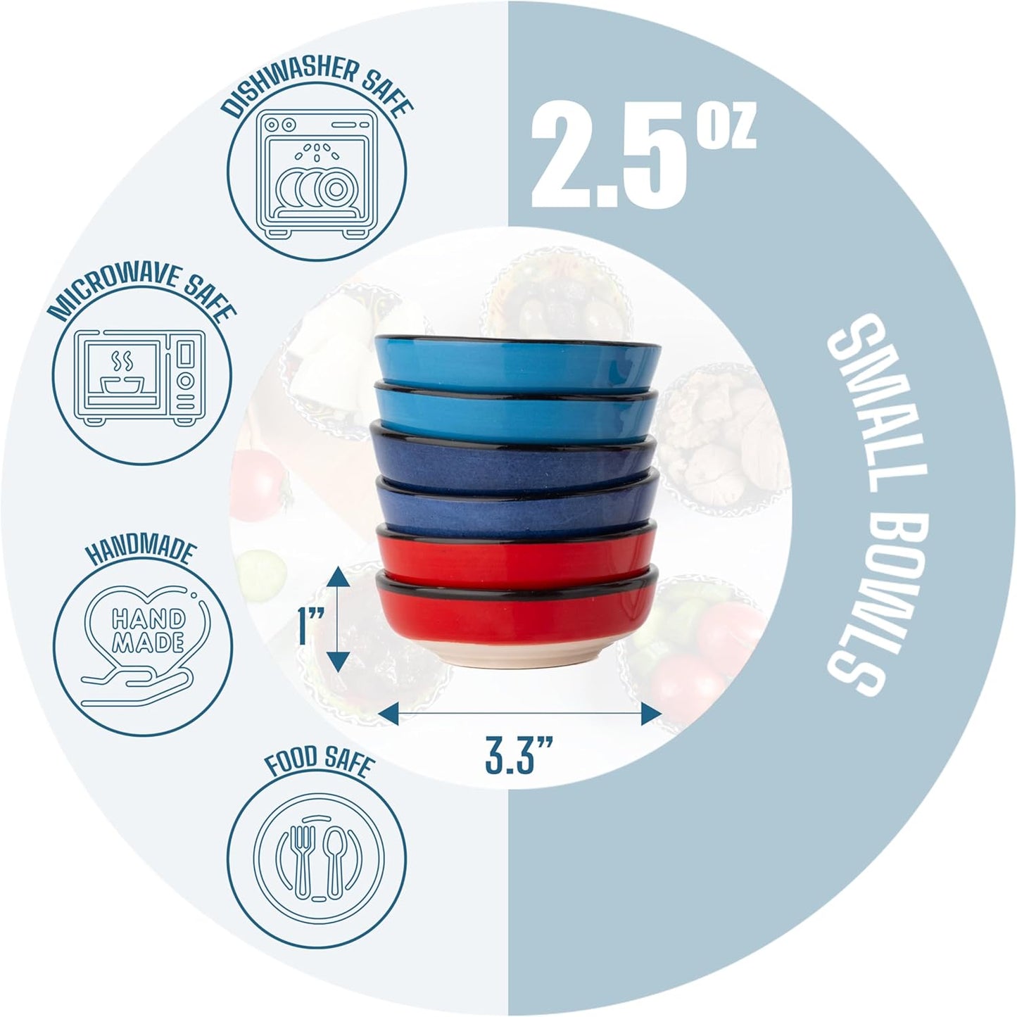 Handmade Ceramic Dipping Bowls – Set of 6, 2.5 Oz Small Sauce Dishes, Colorful Pinch Bowls, Charcuterie Serving Bowls, Microwave & Dishwasher Safe (IZNIK CARNATION)