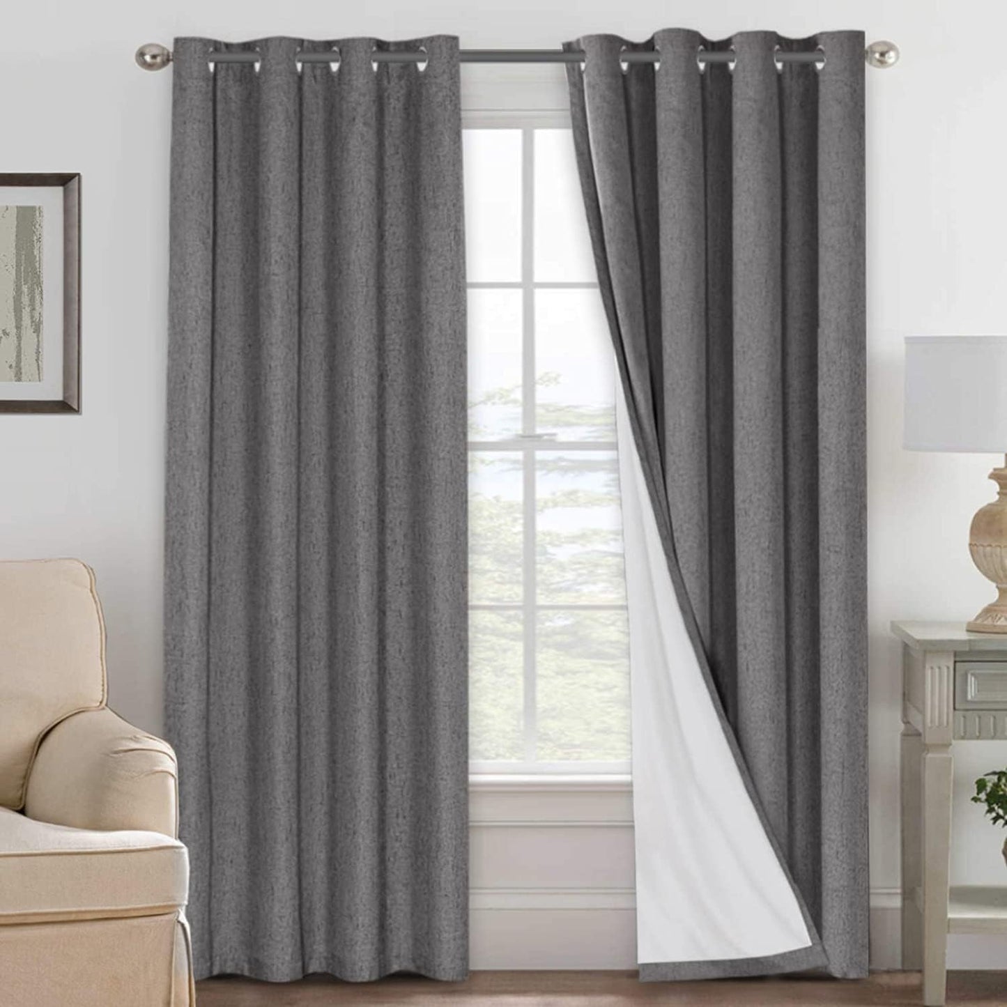 H.VERSAILTEX Linen Blackout Curtains 84 Inches Long 100% Absolutely Blackout Thermal Insulated Textured Linen Look Curtain Draperies Anti-Rust Grommet, Energy Saving with White Liner, 2 Panels, Grey