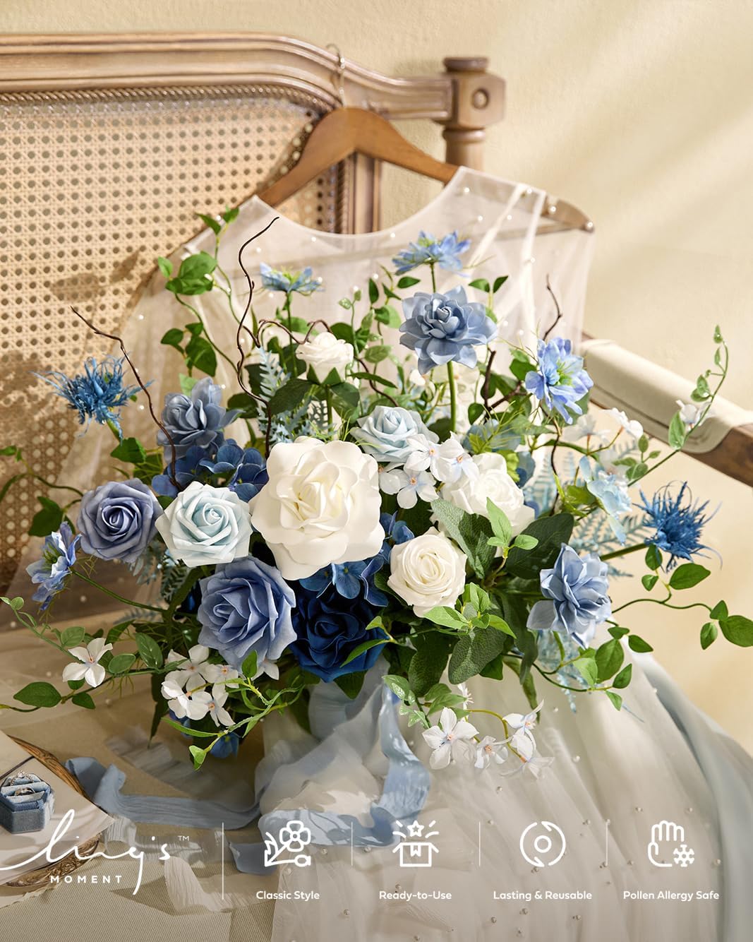 Ling's moment Dusty Blue Wedding Bouquets for Bride, Blue and White Bridal Bouquets for Bride,15 Inch Free Form Artificial Wedding Flower Bouquet