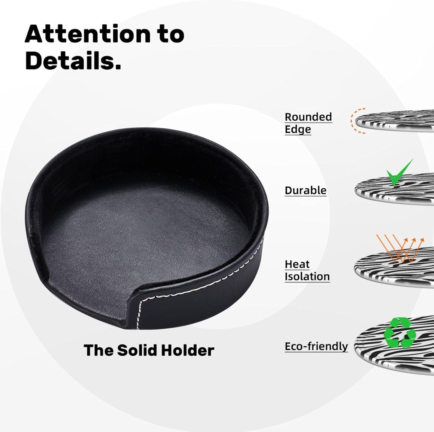 Drink Coasters with Holder Stand Set of 6, Zebra Stripes Print Pu Leather Absorbent Coasters with Cork Base Table Round Coaster for Housewarming Apartment Kitchen Bar Decor