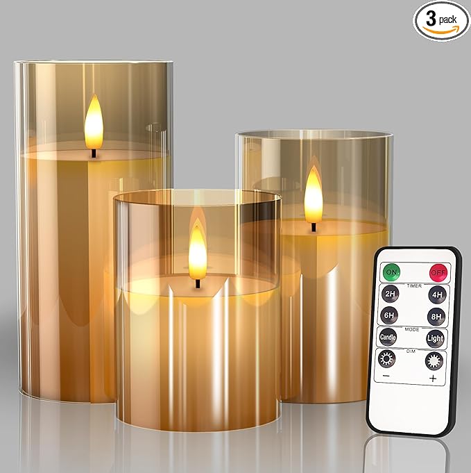 Tyawon Glass Battery Operated LED Flameless Candles with Remote and Timer, Real Wax Candles Warm Color Flickering Light for Festival Wedding Home Party Decor(Pack of 3)-Gold