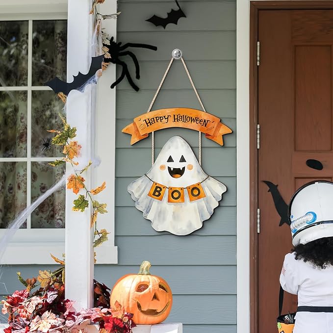 Welcome Halloween Sign,Cute Ghost Door Hanger,Happy Halloween Wall Decoration,Hey Boo Pumpkin Ghost Plaque for Front Door Indoor Outdoor Home Party Porch Yard Office Nursery Kids Room