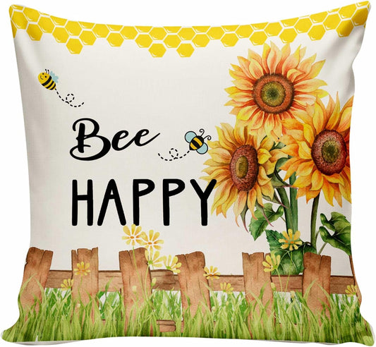 Bee Happy Sunflower Throw Pillow Cover,Sweet Honey and Bee Pillow Covers Spring Summer Farmhouse Home Decorative Pillow Case 18x18 Inch