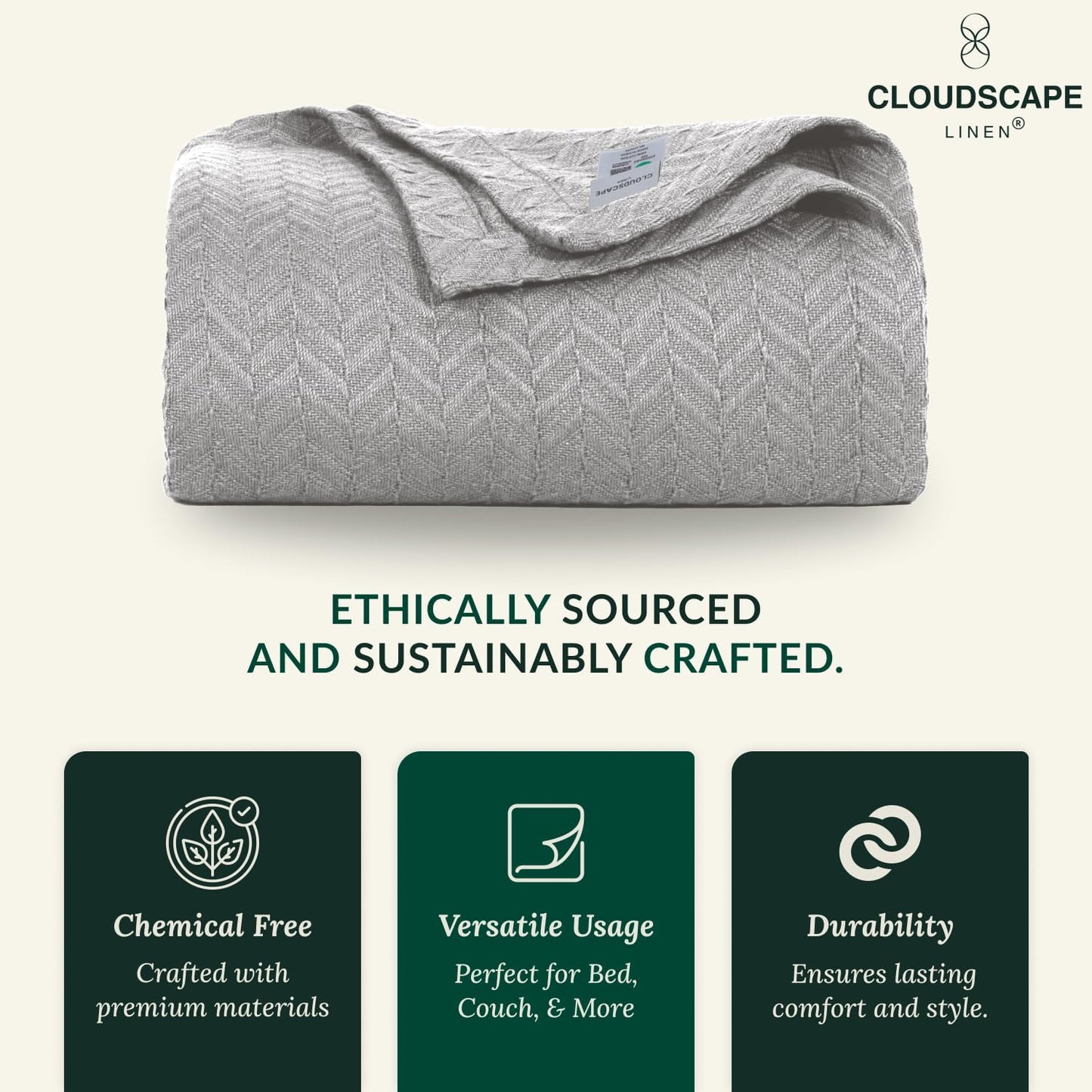 Herringbone Cotton Twin Blanket for Couch, Bed,Sofa, Home Decor, Soft, Lightweight, All-Season Bed Blanket, 68 x92, Light Grey