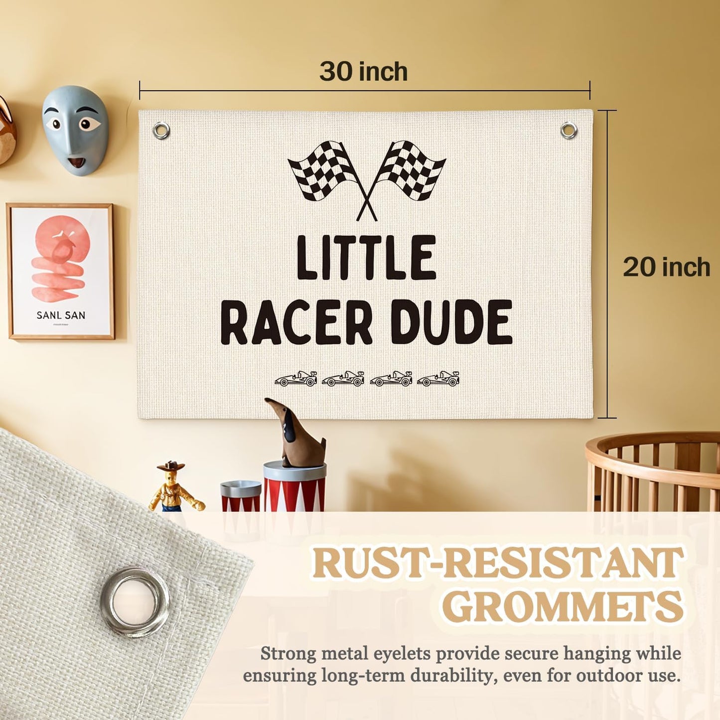 Little Racer Dude Canvas Banner – Race Car Room Decor for Boys, Toddler Boy Wall Hanging for Bedroom or Playroom, 30x20 Inch