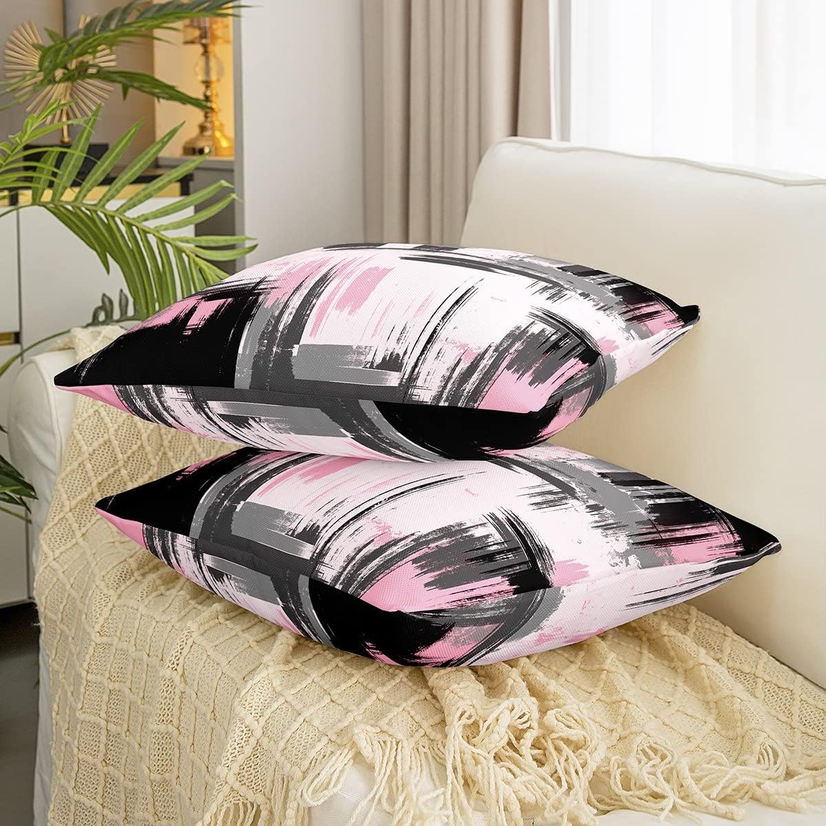 Feelyou Abstract Throw Pillow Covers for Couch Sofa Bed, Set of 2 Modern Abstract Art Decorative Pillows Cushion Covers, Retro Pink Black Pillow Inserts Not Included, 18x18 inch