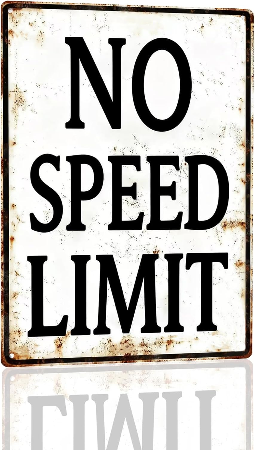 No Speed Limit Metal Sign - Vintage Retro Car Wall Decor for Men, Race Car Room Decor for Boys Bedroom, Garage Art, Man Cave Street Signs, Automotive Themed Gift for Teen Adult 8x12 Inch