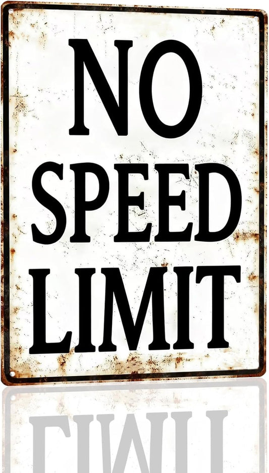 No Speed Limit Metal Sign - Vintage Retro Car Wall Decor for Men, Race Car Room Decor for Boys Bedroom, Garage Art, Man Cave Street Signs, Automotive Themed Gift for Teen Adult 8x12 Inch
