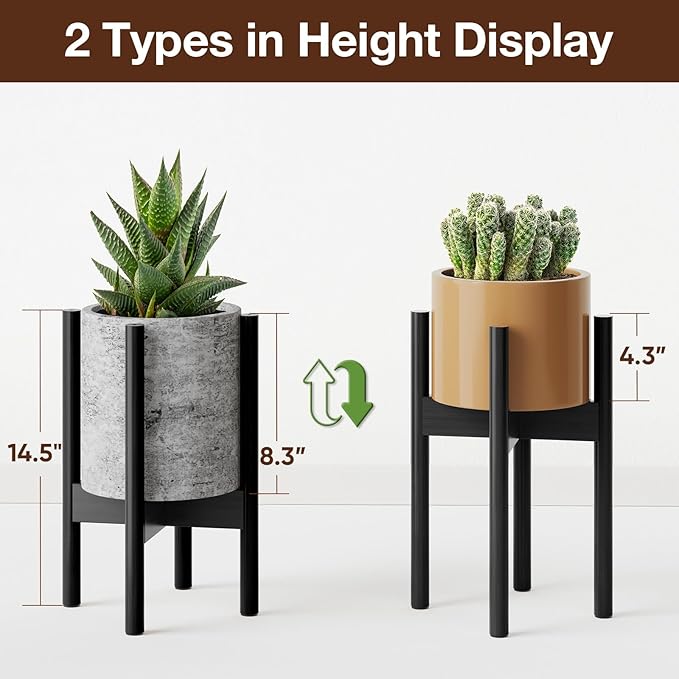 MUDEELA 2 Pack 14.5 Inch Tall Plant Stand for Indoor, Adjustable Width Bamboo Plant Stand for 8 9 10 11 12 Inches Pot, Single Tier Mid Century Modern Planter Holder Floor Stand, Black, Without Pot