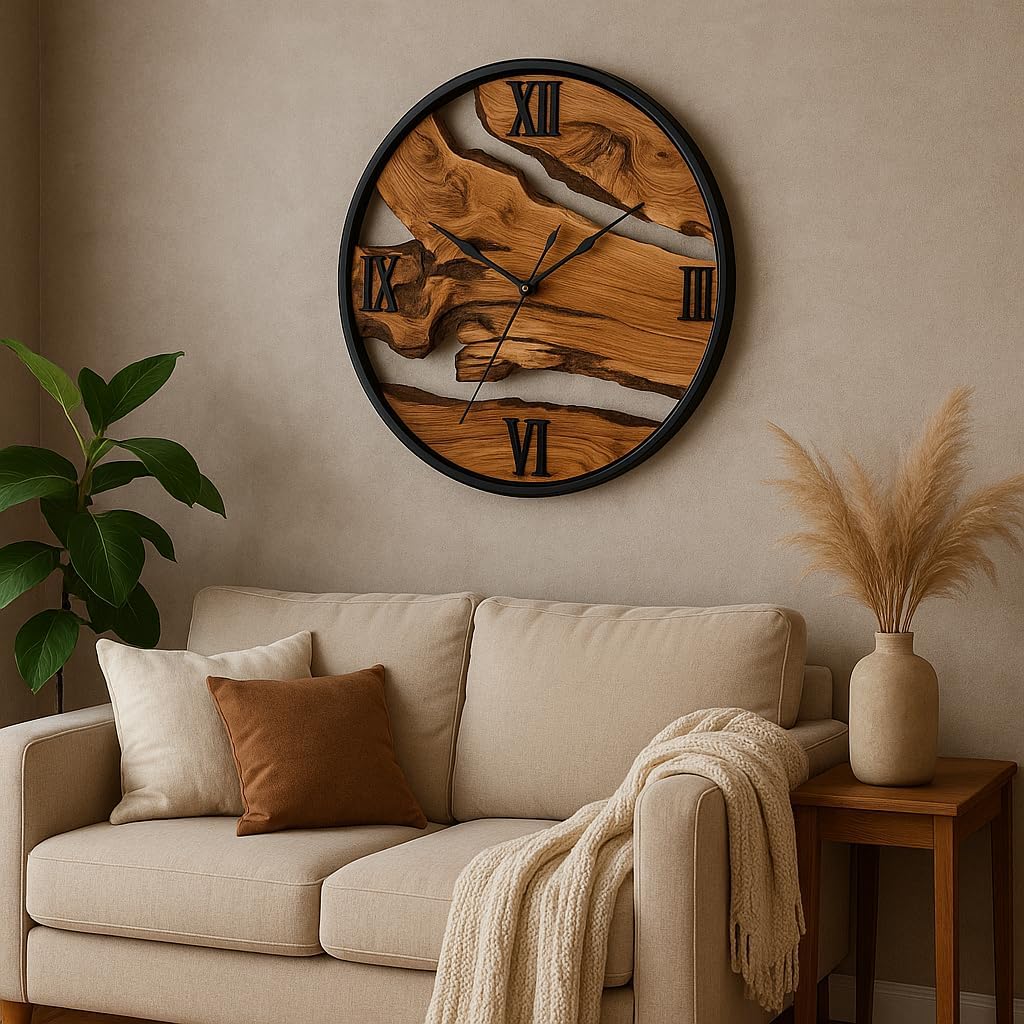 lagom Olive Wood Wall Clock – Large Handmade Silent Wooden Clock with Metal Frame, Rustic Wall Hanging Decor for Living Room, Bedroom, Office – Unique Gift for New Home (Olive Wood, 16 inches)