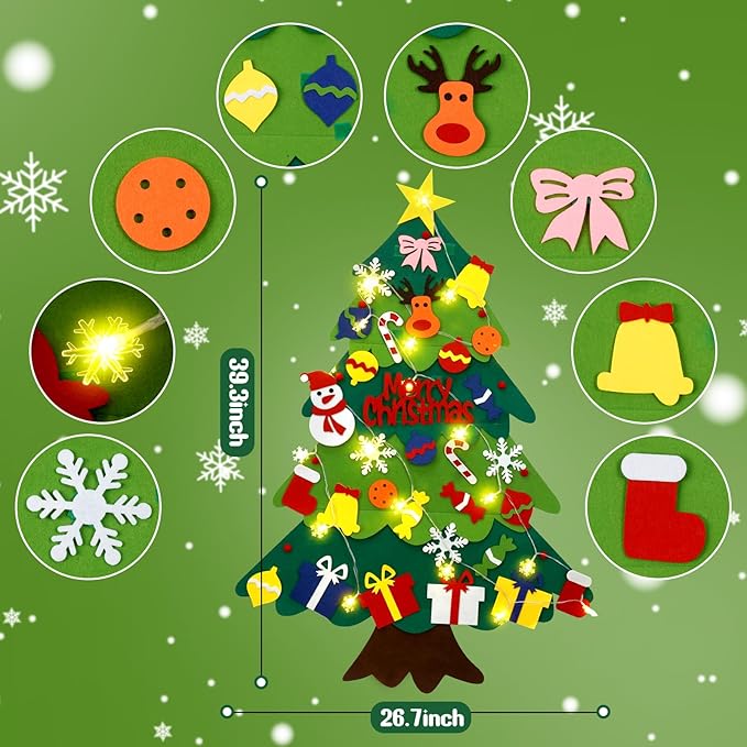 YEAHBEER Felt Christmas Tree for Kids, 3.2FT Felt Christmas Tree for Toddlers, 32 Detachable Ornaments, Toddlers Wall Hanging Decorations, Luminous Snowflake Bulb, DIY Felt Xmas Decor