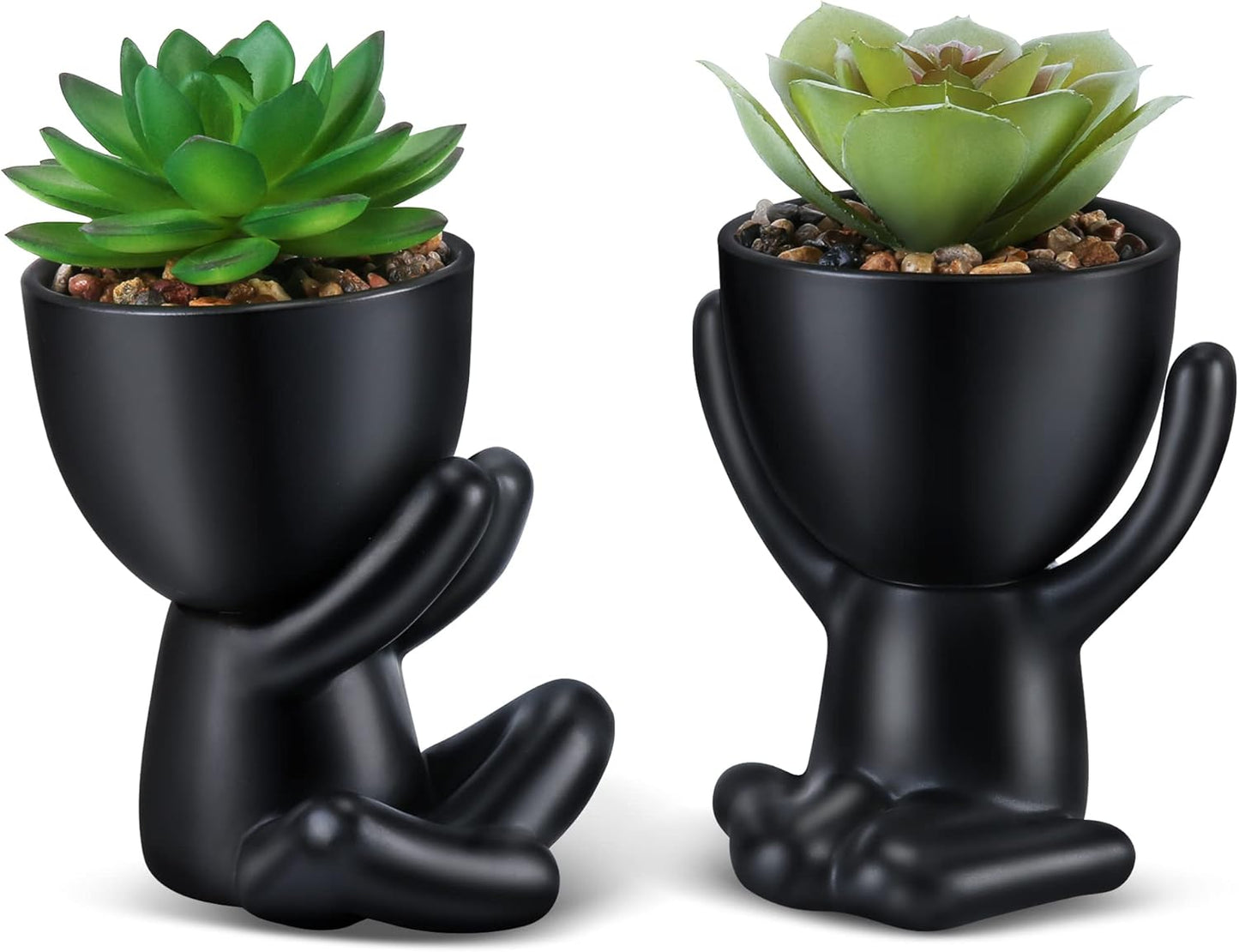Fake Succulent, Mini Succulents Plants Artificial in Black Modern Human Shaped Ceramic Pots Desk Decor Desk Plant for Office Decor for Women, Cute Fake Plants Bathroom Decor 2PCS