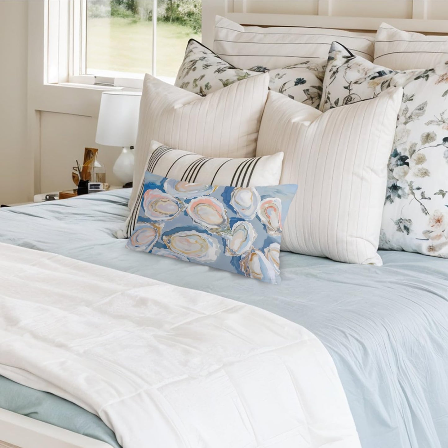 Coastal Beach Room Decor 12x20 Pillow Cover, Coastal Beach Blue Oysters Shell Decorative Lumbar Pillow Covers for Bedroom Living Room Home Dorm Sofa Couch