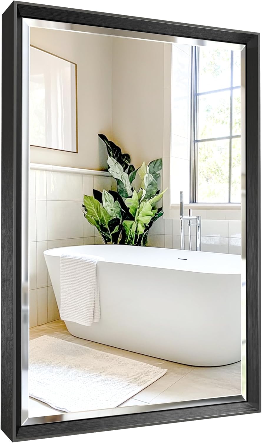 Black Bathroom Mirror, 16''x 24'' Beveled Bathroom Mirror for Wall, Anti-Rust Black Framed Mirror for Bathroom Living Room Decor, Rectangle Black Mirror for Wall Decorative