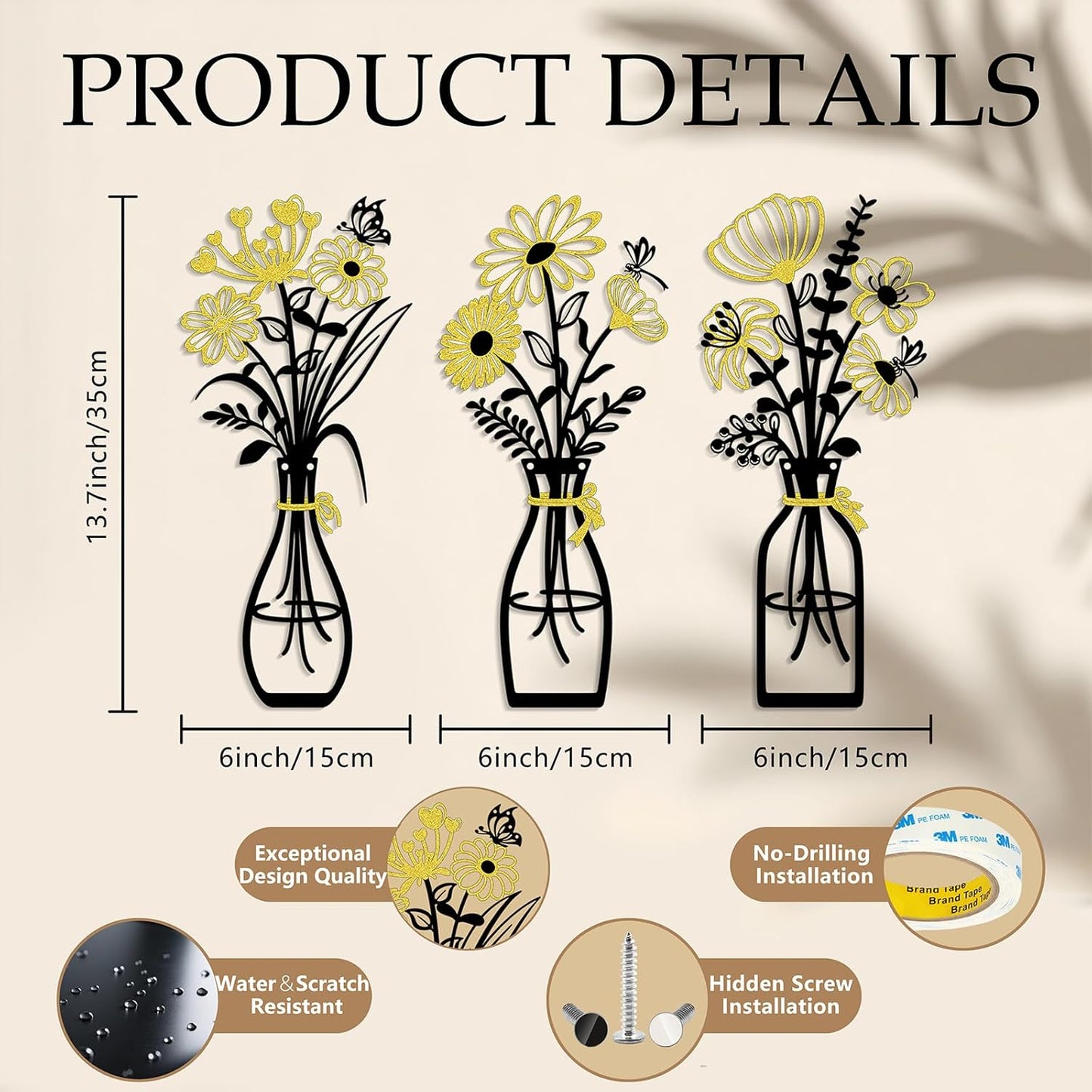 Iron Metal Vase Flower Wall Art Set of 3 - Minimalist Black Floral Decor for Living Room Bedroom Kitchen, Office Garden - Modern Farmhouse Home Decor & Housewarming Gifts (Black-Golden)