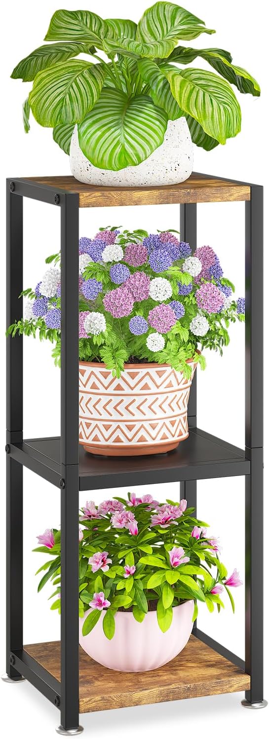 KMOTASUO 3 Tier Tall Plant Stands Indoor, 31 Inch Metal Wood Corner Plant Stand for Indoor Plants, Square Flower Pot Holder Shelf Display Rack for Balcony Garden Patio Living Room(Rustic Brown)