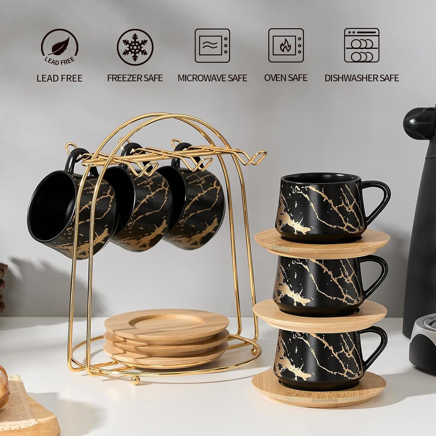 LUKA Ceramic Espresso Cups with Saucers and Metal Stand, Small 4 oz Porcelain Demitasse Cups Set of 6, Cute Cappuccino Coffee Cups for Double Espresso, Tea, Marbling Black