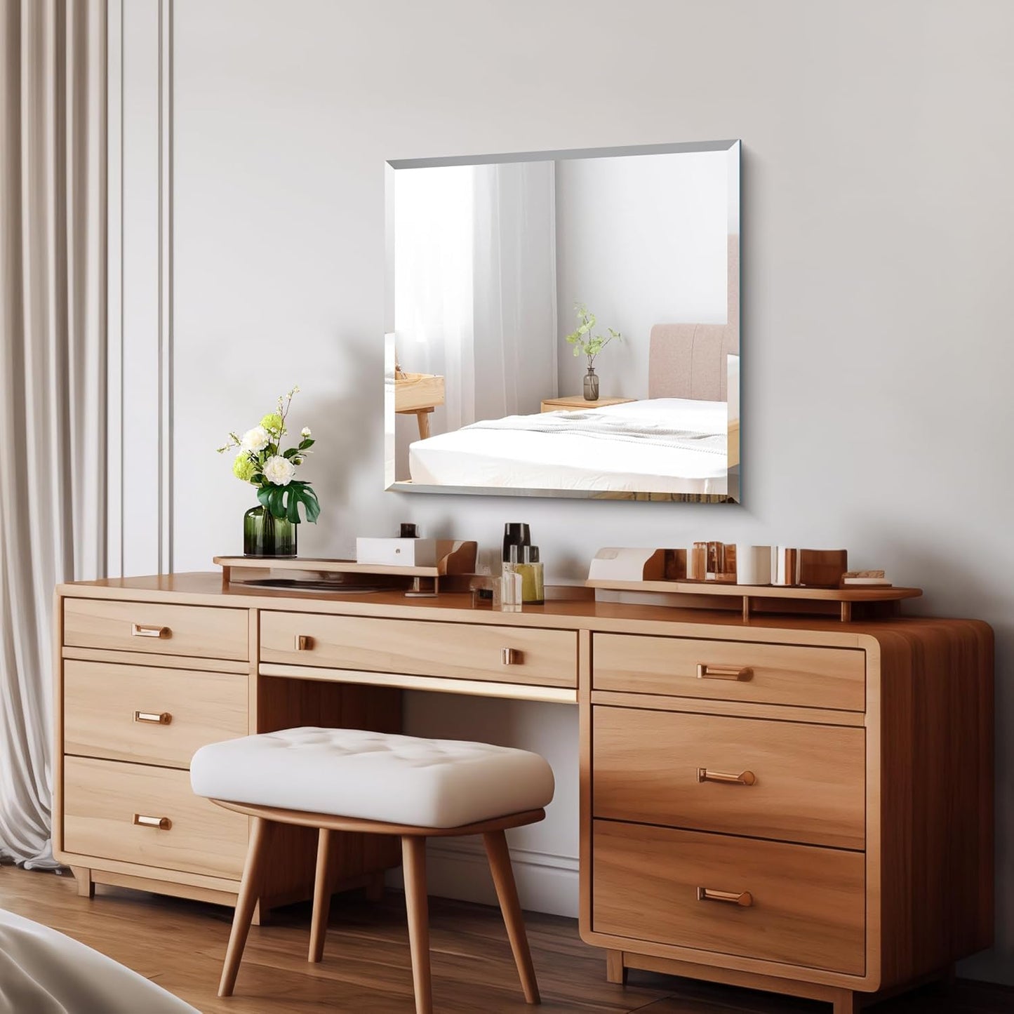 Beveled Mirror, 24x24 inch Square Bathroom Mirrors for Wall, Upgraded Shatterproof Frameless Vanity Mirror Over Sink with Beveled Edge for Bathroom,Bedroom,Living Room and Entryway