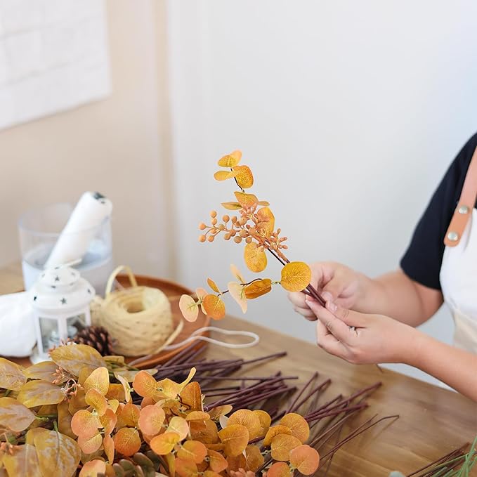 120 Pcs 5 Kinds Mixed Artificial Eucalyptus Leaves Stems and Fake Berry Bulk for Fall Decorations,Faux Plants Bundle for DIY Bouquets Floral Arrangement Wedding Engagement Party Autumn Decor (Orange)