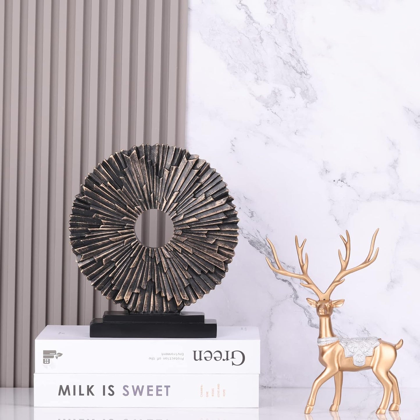 Black and Gold Home Decor Statue, Unique Office Decor, Round Line Medallion Statue for Room Decor, Shelf Top Decor, Entryway Entry Table, Floor Mantle Decor and Home Panel Decorations