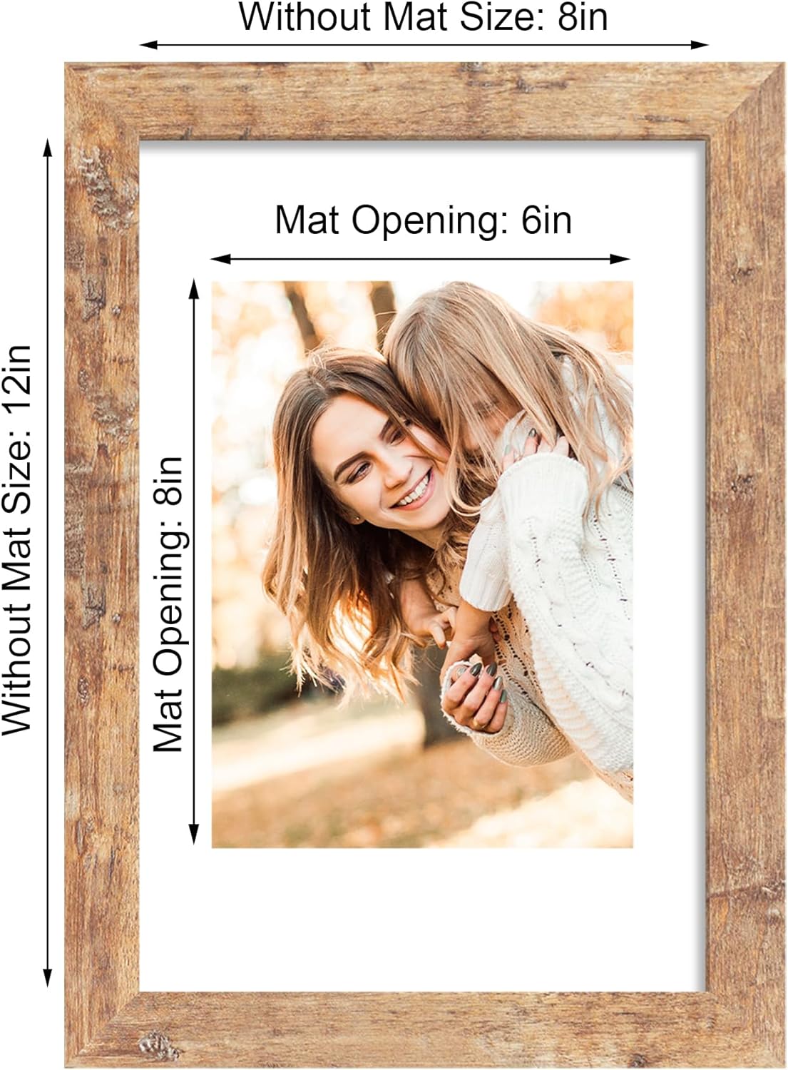 iRahmen 8x12 Picture Frame Set of 4 with High Definition Real Glass, Display 6x8 Pictures with Mat or 8 x 12 Without Mat, Rustic Brown Wood Photo Frames for Tabletop and Wall Mounting