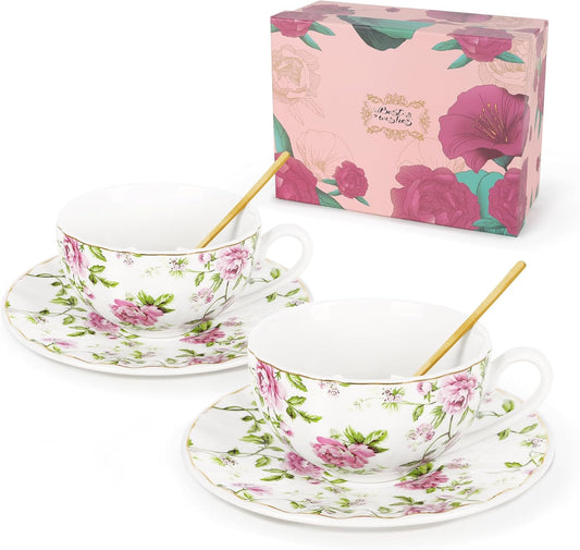 fanquare Bone China Tea Cups Set for 2, Rose Garden Style Porcelain Tea Cups with Saucers and Spoons, 5oz English Coffee Mugs Gift Set