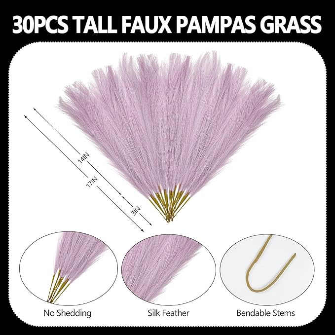 30 Pcs Light Purple Faux Pampas Grass, 17 Inches Artificial Pampas Grass Bulk, Short Fluffy Faux Pompas for Vase Filler, Home Boho, Wedding Anniversaries, Baby Shower Decoration