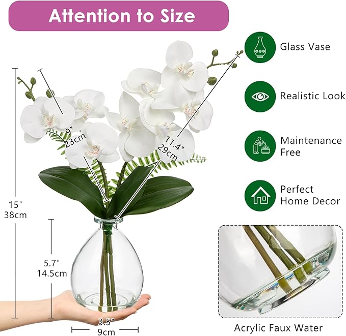 White Orchids Artificial Flowers, Faux Orchid in Glass Vase Real Touch Small Phalaenopsis Orchid Flowers Arrangements with Clear Vase Orchid Centerpiece for Dining Room Table