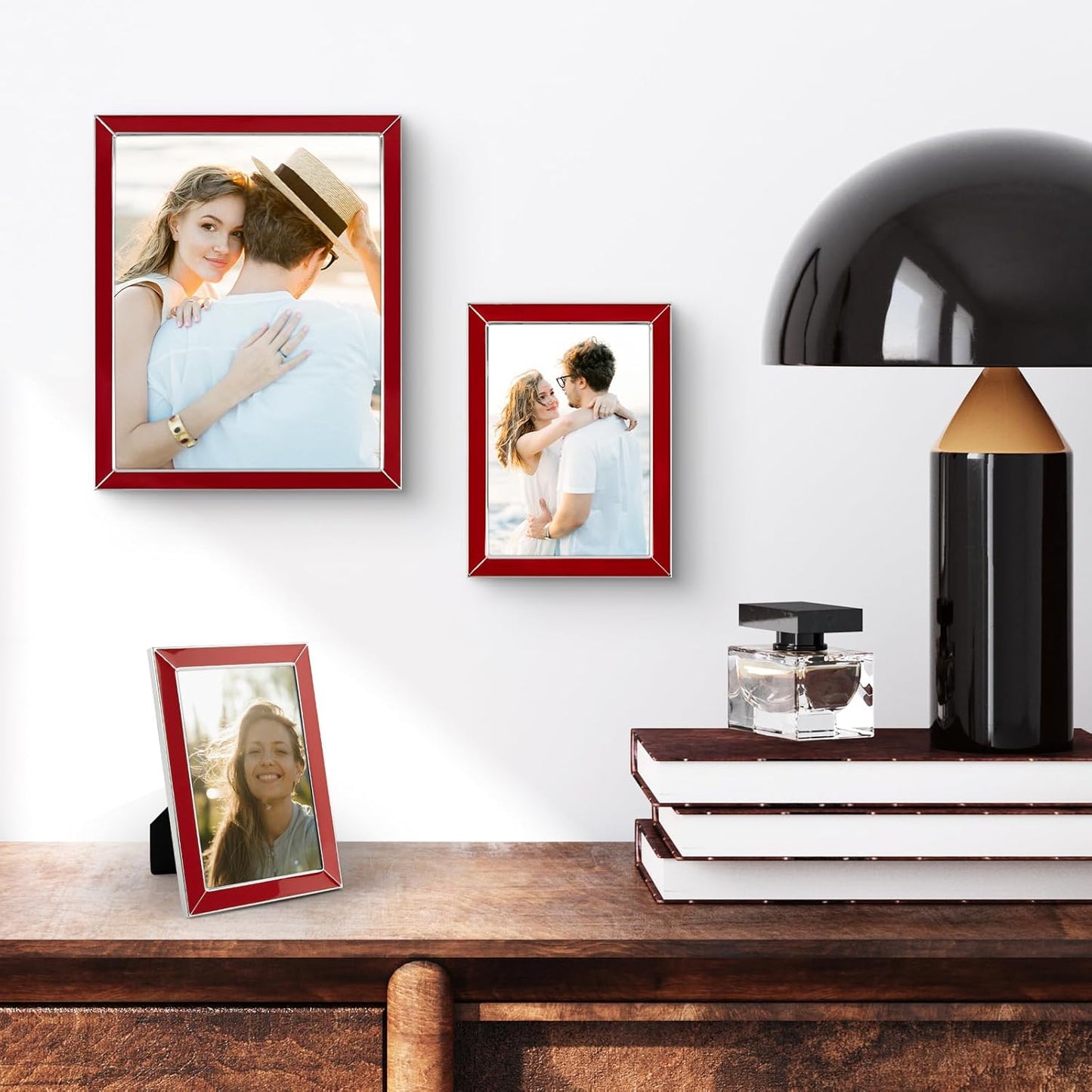 Frametory Enamel Picture Frame - 8x10 Silver Metal Edge Red Enamel Picture Frame With Easel and Velvet Back for Tabletop Display, Bookshelf, 8x10 Wall Decoration, Photo Frames, Picture Display-2 Set