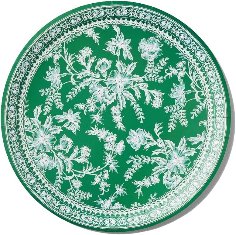 Coterie Emerald Green Floral Paper Plates (Set of 10 Large Plates) - Party Plates For Bridal and Baby Shower, Garden Party, Birthday Party - Green Toile Floral Paper Plates | 9.25” Fancy Paper Plates