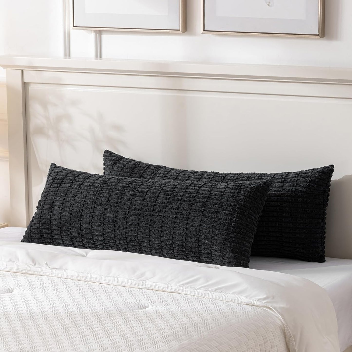 Fancy Homi Black Long Body Lumbar Decorative Throw Pillow Covers 14x36 Inch for Bed Couch Bedroom Bench, Soft Corduroy Rectangle Solid Pillow Case, Rustic Farmhouse Boho Room Decor